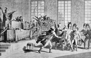 Sitzung der Legislative in der Orangerie von St. Cloud: Erscheinen von Bonaparte und Befreiungstag des 18. Nebelmonat Jahres VIII in der Kammer des Rates der Fünfhundert (Raum der 500)