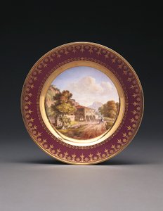 Sevres fond pourpre topographischer Teller von French School