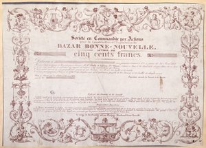 Aktienzertifikat über 500 Francs für den Bazar Bonne-Nouvelle, 1836