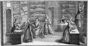 Laden eines „Modehändlers“ im 18. Jahrhundert. Gravur in „La Marine et les colonies: commerce“