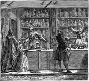 Laden eines Zinnschmieds im 18. Jahrhundert. Gravur in „La Marine et les colonies: commerce“