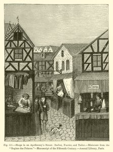 Läden in einer Apothekerstraße: Barbier, Kürschner und Schneider von French School