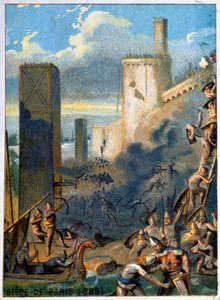 Belagerung von Paris (885) durch die Normannen (Wikinger). Chromolithographie der Serie „Patriotische Erziehung durch Bild“