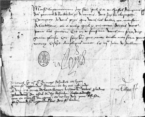 Unterschrift von Ludwig XI. auf einem Brief an den Gouverneur von Anjou, datiert 3. Juli 1472 (Tinte auf Papier) von French School