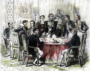 Unterzeichnung der Verordnungen von Saint Cloud (farbige Gravur) von French School
