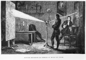 Sir Isaac Newton (1642-1727) bricht das Licht durch ein Prisma, Illustration aus La Vie des Savants Illustres von Louis Figuier, 1868 von French School