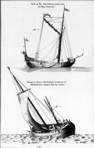 Skizze von Booten: eine Yacht und eine Hourque, ein kleines Boot, das von den Niederländern erfunden wurde, um die Kanäle zu befahren