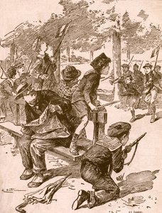 Kleine Jungen spielen Kriegsspiele in Frankreich während des Ersten Weltkriegs. Aus Agenda Buvard du Bon Marche, veröffentlicht 1917. von French School