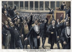 Sozialisten singen die Internationale in der französischen Abgeordnetenkammer während einer Sitzung in Anwesenheit von Georges Clemenceau - „Le Petit Journal“, Mai 1909 (Gravur)
