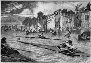 Sportwettbewerb: Kanurennen (Ausleger) auf der Themse. England von French School