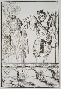 St. Cado und der Teufel, Kopie eines populären französischen Drucks, illustriert in einer Geschichte der Magie, veröffentlicht Ende des 19. Jahrhunderts