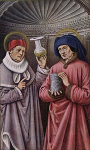 St. Cosmas und St. Damian, Schutzheilige der Ärzte und Apotheker, Kopie aus einem Stundenbuch von Anne von Bretagne von French School