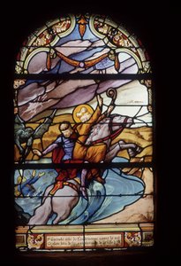 St. Guénolé, Abt von Landévennec, rettet König Gralon während der Überschwemmung der Stadt Ys - Glasfenster der St. Germain Kirche in Kerlaz