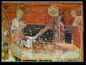 St. Severinus (gest. 507) heilt Chlodwig I. (465-511) Kopie eines Originals aus dem 12. Jahrhundert in der Kirche von Chateau-Landon