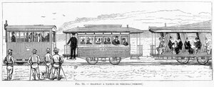 Dampfstraßenbahn von Vercelli (Piemont) - in „Die neuen Eroberungen der Wissenschaft“ von Louis Figuier