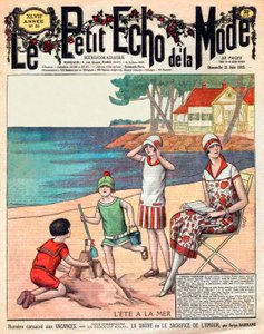 Sommer am Meer, Frau mit ihren drei Kindern am Strand