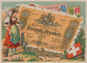 Schweizer Mädchen in traditioneller Tracht und 20-Franken-Banknote von French School