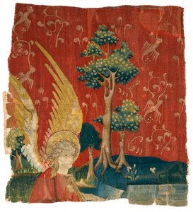 Tapisserie-Fragment, das einen Engel in einer Landschaft darstellt, aus der Apokalypse von Angers