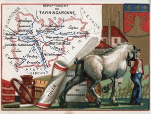 Tarn et Garonne, Midi-Pyrenees, Frankreich. Lokale Spezialität: Öl, Stärke, Tüll, Großhandel Montauban-Bettwäsche, Wein und Mühle. Serie über die französischen Departements von French School