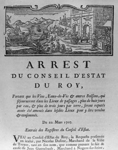Steueramt am Stadteingang für Weine und Spirituosen, Dekret des Staatsrats vom 22. März 1707, aus den Registern des Staatsrats von Paris, 1739
