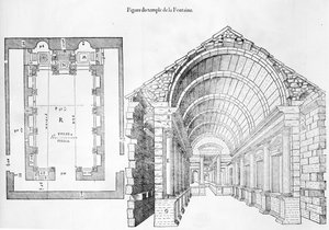 Tempel de la Fontaine, Illustration aus Discours historial de lantique et illustre cite de Nismes von Jean Poldo d