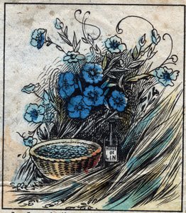 Textil, Leinen. Flachsblume (blau), Stängel aus Stroh und Filamenten zur Herstellung von Leinengarn. Samen in der Medizin verwendet und aus denen Öl für die Industrie gewonnen wird. Gravur