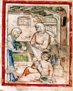 Thamar (Tamar) gebiert zwei Zwillinge, Perets und Zerah, Söhne von Juda, Miniatur aus Codex 212 (oder Padovano Codice oder Bibel von Padua), 1390-1400 von French School
