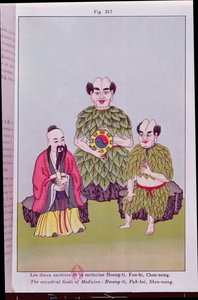 Die Ahnen-Götter der Medizin: Hwang-ti, Fuh-hsi mit dem Tai-ki, Shen-nung, der eine Heilpflanze kostet, Illustration nach populären chinesischen Bildern (Farbgravur)