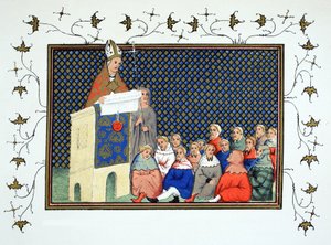 Der Erzbischof von Canterbury predigt dem englischen Adel gegen Richard II., Faksimile-Kopie aus Le Prinse et Mort du Roy Richart von Jean Creton, nachgedruckt im 19. Jahrhundert