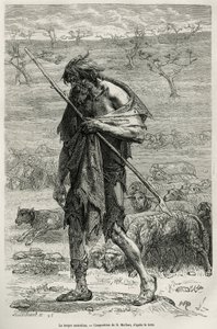 Der australische Schäfer, graviert nach einer Zeichnung von D. Maillart zur Illustration der Geschichte „Sechs Monate in Australien“ von Désiré Charnay, einer Mission des Ministeriums für öffentliche Bildung, im Jahr 1878, veröffentlicht in Le Tour du mond von French School