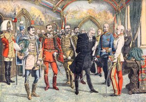 Die österreichisch-ungarische Krise. Der Kaiser Franz Joseph I. empfängt die ungarischen Barone, die allgemeines Wahlrecht in Ungarn fordern. Illustration für Le Petit Journal von French School