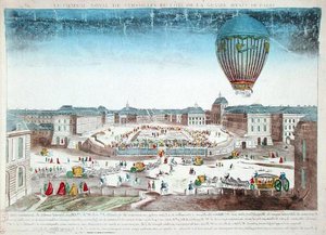 Die Ballonfahrt von Francois Pilatre de Rozier (1754-96) über das Schloss von Versailles, 23. Juni von French School