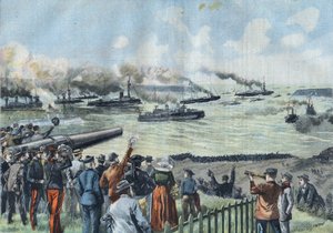Das Baltische Geschwader verlässt den Hafen von Brest. Die Montcalm, mit dem Präsidenten der Französischen Republik Émile Loubet