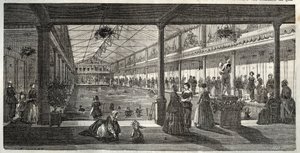 Die Bäder im Hotel Lambert, Ile Saint-Louis, Paris, Mitte des 19. Jahrhunderts - Hotel Lambert, Ile Saint-Louis, Schwimmschule für Damen - Bain Lambert - - Gravur in "Tableau-de-Paris" von Edmond Texier 1852