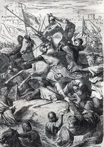 Die Schlacht von Kortrijk (Schlacht der Goldenen Sporen) zwischen dem König von Frankreich und der flämischen Gemeindemiliz am 11. Juli