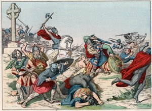 Die Schlacht von Poitiers am 25. Oktober 732, gewonnen von Karl Martell - Die Schlacht von Poitiers, 25. Oktober 732, gewonnen von Karl Martell (688-741) - Gravur aus dem Ende des 19. Jahrhunderts in „Nos Gires Nationales - Bilder und Erzählungen“. von French School