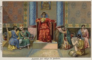 Der byzantinische Kaiser Justinian I. diktiert die Pandekten, 6. Jahrhundert von French School