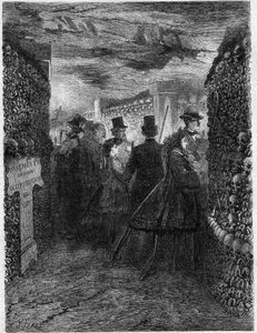 Die Katakomben von Paris im Jahr 1865: Ein Besuch der Galerien des Ossuars. von French School