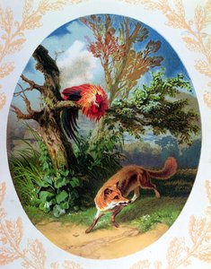 Der Hahn und der Fuchs, Illustration nach der Fabel von Jean de la Fontaine, ca. 1860-80 von French School