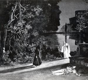 Der Tod von Pelléas, Akt IV, Szene 4 von Pelléas et Mélisande von Debussy, aus einem Foto der ersten Aufführung im April 1902 der Oper an der Opéra-Comique in Paris, Illustration in Theatre Magazine