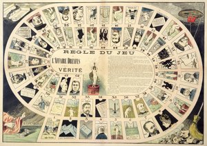 Das Dreyfus-Affäre-Spiel, mit Porträts der beteiligten Personen, späte 19. Jahrhundert