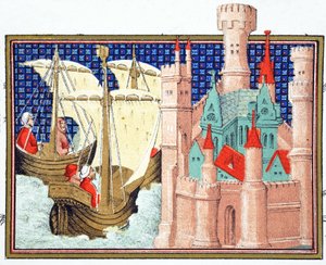 Der Herzog von Salisbury kommt aus Irland auf Schloss Conway an, Faksimile-Kopie aus Le Prinse et Mort du Roy Richart von Jean Creton, nachgedruckt im 19. Jahrhundert von French School