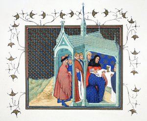 Der Graf von Northumberland bei der Hochmesse in der Kapelle von Schloss Conway, als er seinen verräterischen und tödlichen Eid ablegt, Faksimile-Kopie aus Le Prinse et Mort du Roy Richart von Jean Creton, nachgedruckt im 19. Jahrhundert