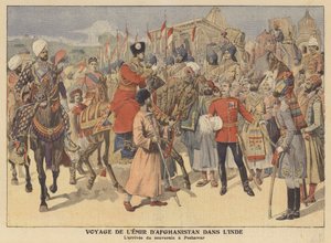Der Emir von Afghanistan bei seiner Ankunft in Peshawar auf einem Besuch in Indien (Farblithografie) von French School