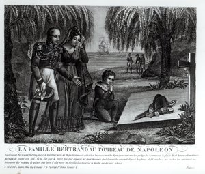 Die Familie von General Henri-Gratien Bertrand (1773-1844) am Grab von Napoleon Bonaparte (1769-1821) 1821 (Lithografie) (s/w Foto)
