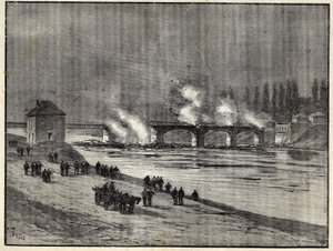 Der Deutsch-Französische Krieg - Die Verteidigung von Paris - Brand der Brücke von Asnières während der Belagerung (Verteidigung) von Paris - Gravur in 
