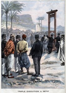 Die französische Guillotine drei Rebellen in Setif in Algerien - in „Le Petit Parisien“
