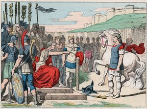 Der gallische Anführer Vercingetorix (80-46 v. Chr.) geht zu Julius Caesar (100-44 v. Chr.) nach Alesia im Jahr 52 v. Chr. - Gravur Ende des 19. Jahrhunderts in „Nos Gires Nationales - Images et récits“ von French School