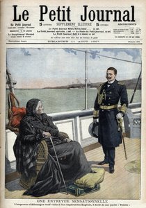 Der deutsche Kaiser Wilhelm II. (1859-1941) besuchte die ehemalige Kaiserin Eugenie (1826-1920) an Bord seiner Yacht „Thistle“ - „Le Petit Journal“ vom 11. August 1907 (Gravur)