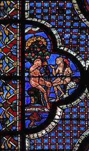 Das Fenster des barmherzigen Samariters: Adam und Eva unter dem Baum der Erkenntnis von Gut und Böse von French School